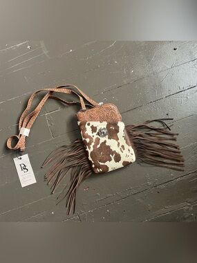 Brown and Cream Fringe Cowhide Crossbody Bag with Tooled faux Leather
